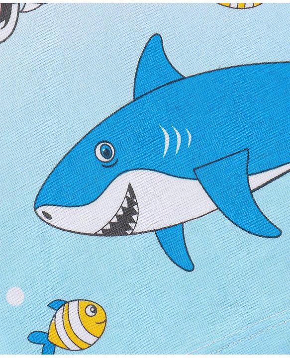 Babyhug 100% Cotton Knit Half Sleeves T-Shirt Marine Life Graphics - White & Blue