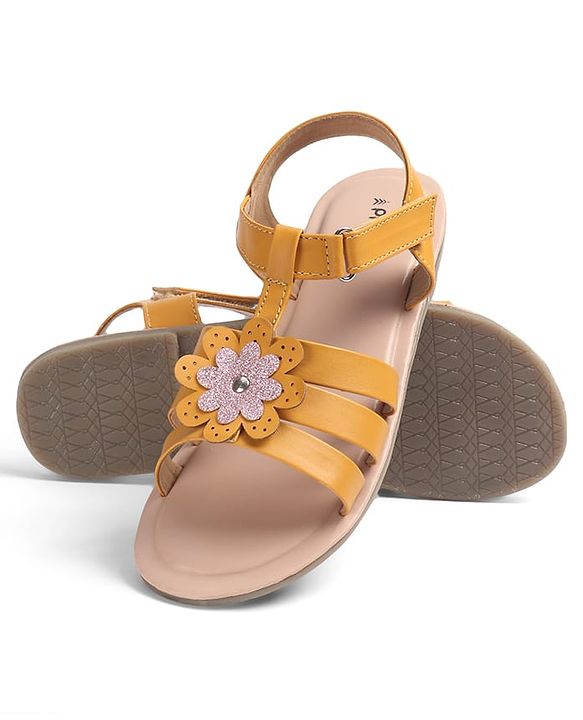 Pine Kids Sandals with Velcro Closure Flower Applique- Yellow
