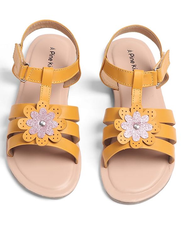Pine Kids Sandals with Velcro Closure Flower Applique- Yellow