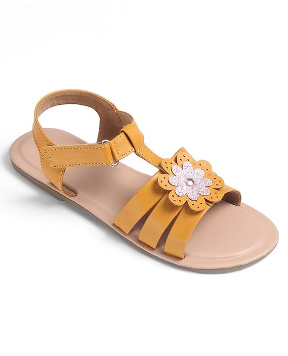 Pine Kids Sandals with Velcro Closure Flower Applique- Yellow