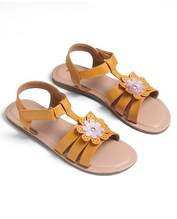 Pine Kids Sandals with Velcro Closure Flower Applique- Yellow