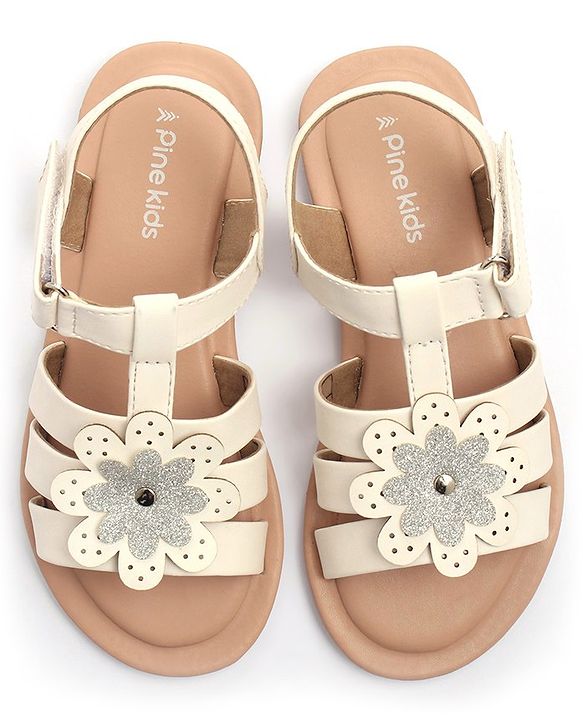 Pine Kids Sandals with Velcro Closure Flower Applique- White