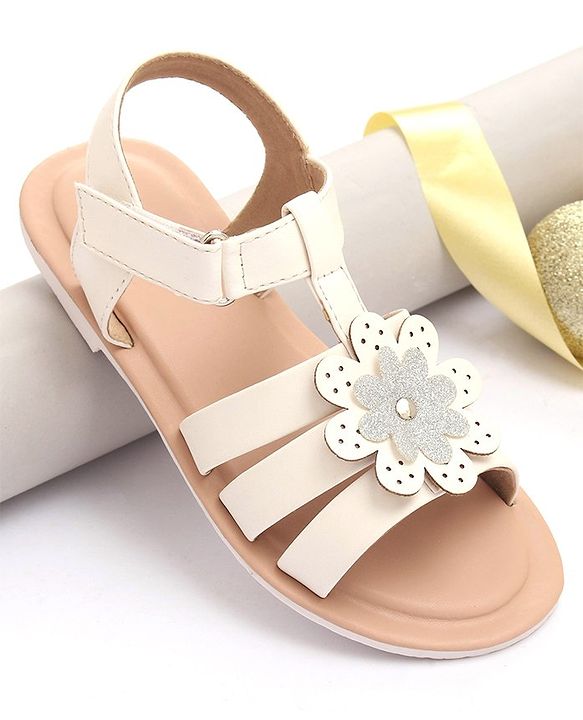 Pine Kids Sandals with Velcro Closure Flower Applique- White
