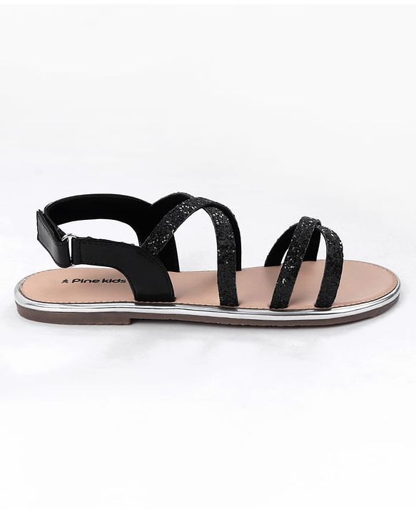 Pine Kids Shimmered Party wear Sandals with Velcro Closure- Black