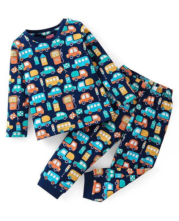 Babyhug Cotton Knit Full Sleeves Cars Printed Night Suit - Navy Blue