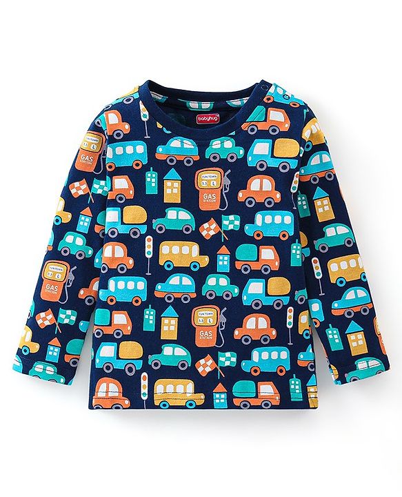 Babyhug Cotton Knit Full Sleeves Cars Printed Night Suit - Navy Blue