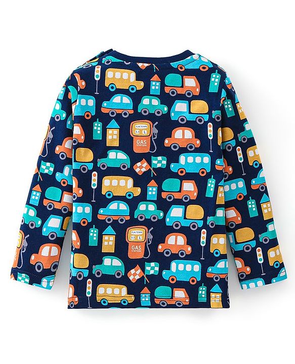 Babyhug Cotton Knit Full Sleeves Cars Printed Night Suit - Navy Blue