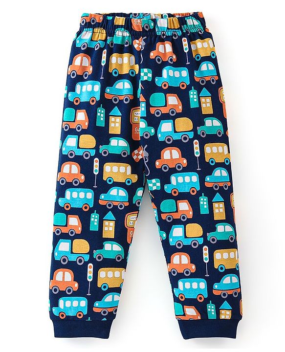 Babyhug Cotton Knit Full Sleeves Cars Printed Night Suit - Navy Blue