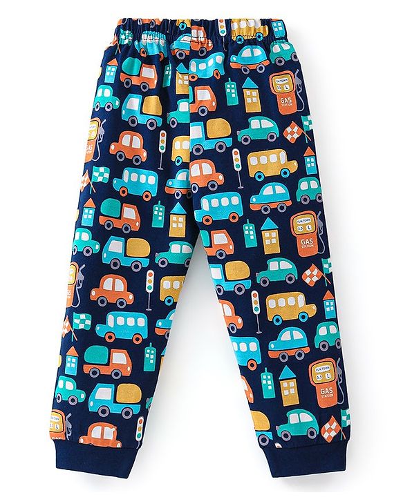 Babyhug Cotton Knit Full Sleeves Cars Printed Night Suit - Navy Blue