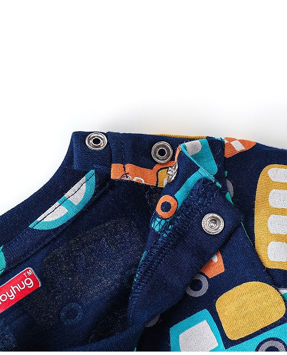 Babyhug Cotton Knit Full Sleeves Cars Printed Night Suit - Navy Blue