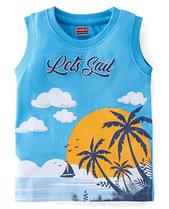 Babyhug Cotton Knit Sleeveless T-Shirt with Text Graphics Print - Blue