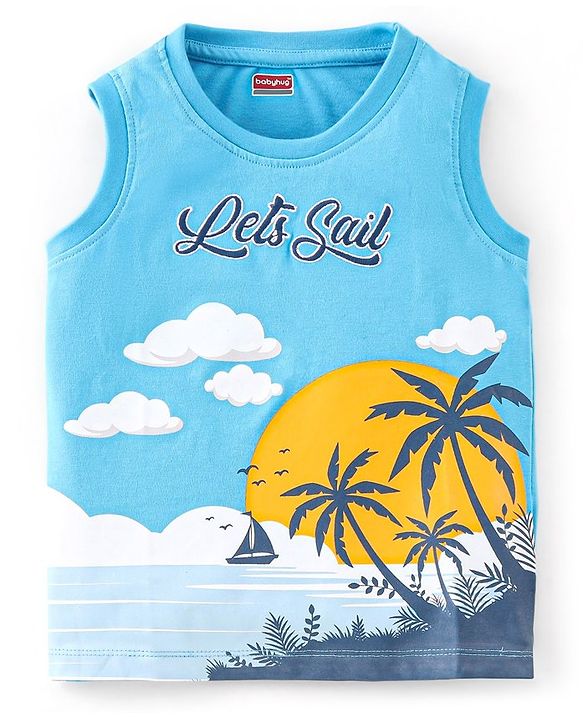 Babyhug Cotton Knit Sleeveless T-Shirt with Text Graphics Print - Blue