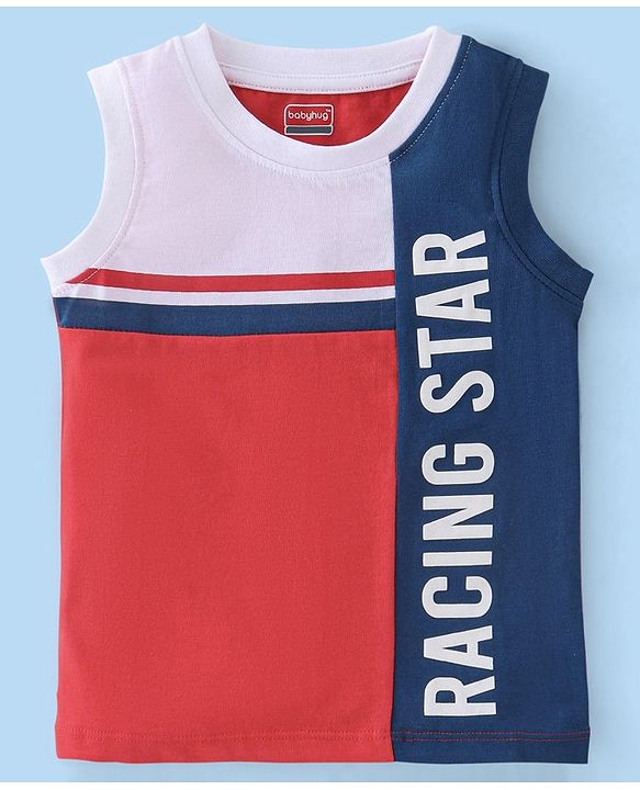 Babyhug Cotton Knit Sleeveless T-Shirt with Text Graphics Print - Red & Navy Blue