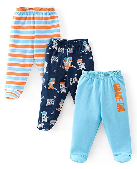 Babyhug Cotton Knit Footed Bootie Leggings Striped Pack of 3 - Blue