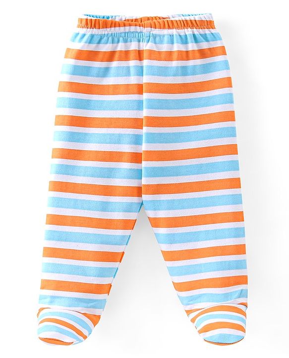 Babyhug Cotton Knit Footed Bootie Leggings Striped Pack of 3 - Blue