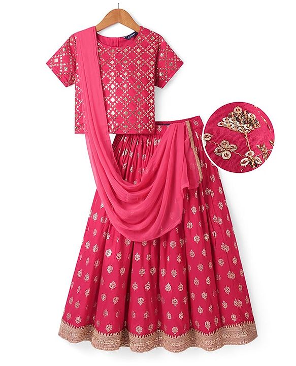 Pine Kids Woven Sequin Embroidered Half Sleeves Choli Lehenga Set with Dupatta - Pink