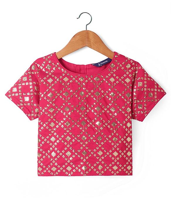 Pine Kids Woven Sequin Embroidered Half Sleeves Choli Lehenga Set with Dupatta - Pink