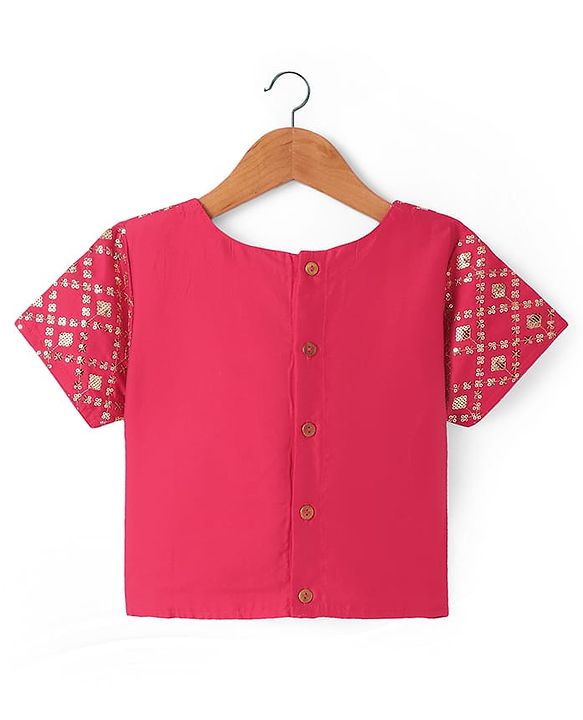 Pine Kids Woven Sequin Embroidered Half Sleeves Choli Lehenga Set with Dupatta - Pink