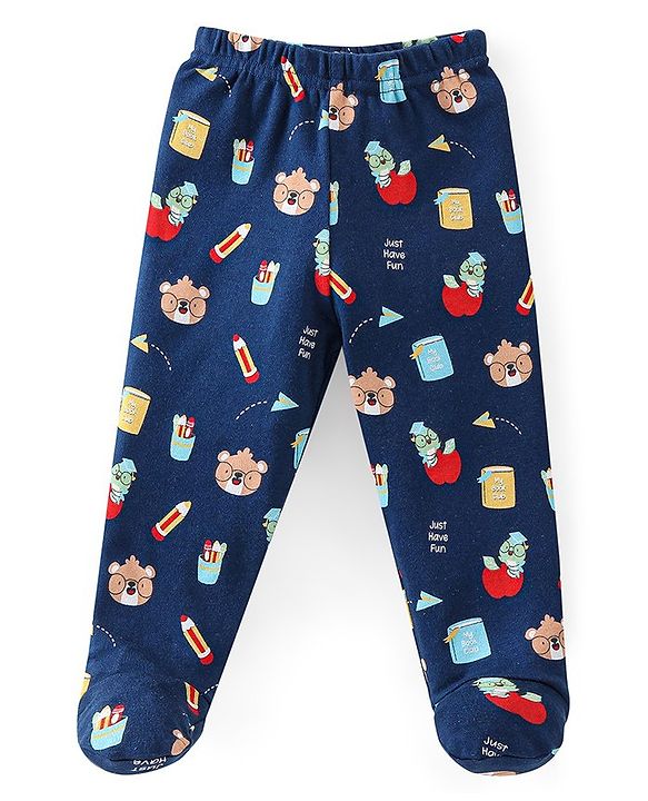 Babyhug Cotton Footed Bootie Leggings Striped & Bear Print Pack of 3 - Blue & Orange