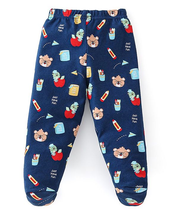 Babyhug Cotton Footed Bootie Leggings Striped & Bear Print Pack of 3 - Blue & Orange