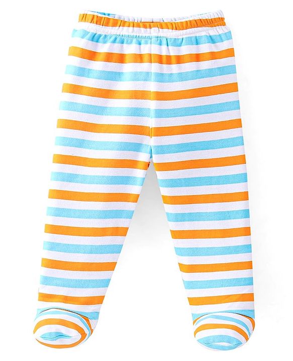 Babyhug Cotton Footed Bootie Leggings Striped & Bear Print Pack of 3 - Blue & Orange