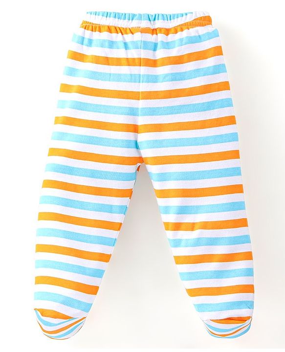 Babyhug Cotton Footed Bootie Leggings Striped & Bear Print Pack of 3 - Blue & Orange
