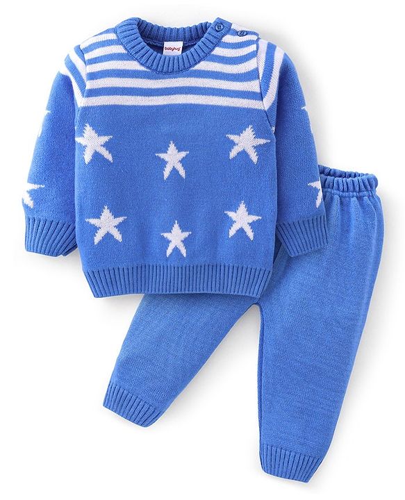 Babyhug Knitted Full Sleeves Sweater Set With Star Design - Navy Blue