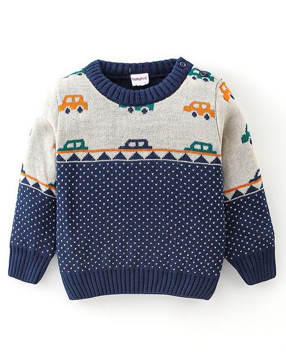 Babyhug Knitted Full Sleeves Sweater Set With Car Design - Navy Blue