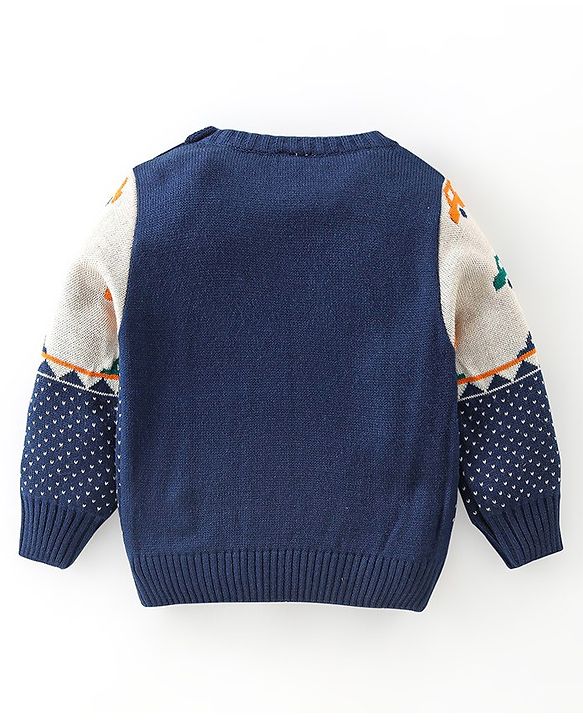 Babyhug Knitted Full Sleeves Sweater Set With Car Design - Navy Blue