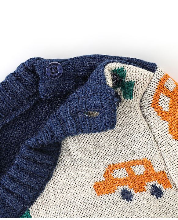 Babyhug Knitted Full Sleeves Sweater Set With Car Design - Navy Blue