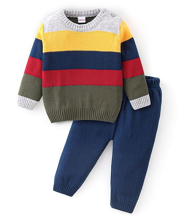 Babyhug Knitted Full Sleeves Sweater Set With Striped - Navy Blue & Grey