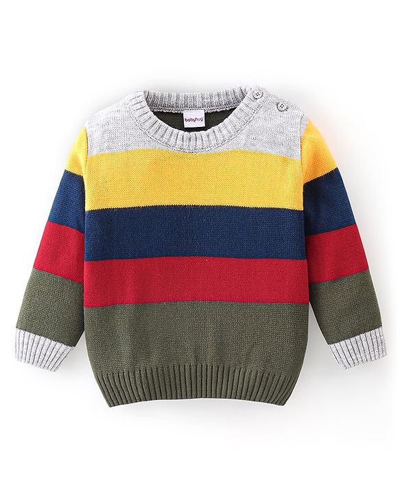 Babyhug Knitted Full Sleeves Sweater Set With Striped - Navy Blue & Grey
