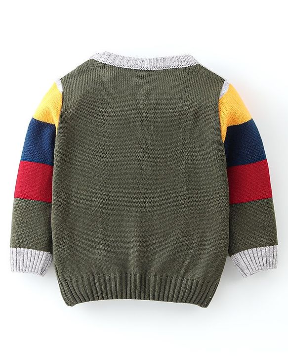 Babyhug Knitted Full Sleeves Sweater Set With Striped - Navy Blue & Grey