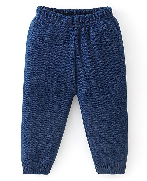 Babyhug Knitted Full Sleeves Sweater Set With Striped - Navy Blue & Grey