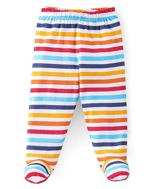 Babyhug Cotton Footed Bootie Leggings Striped & Bear Print Pack of 3 - Blue & Red