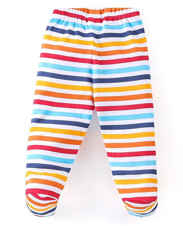 Babyhug Cotton Footed Bootie Leggings Striped & Bear Print Pack of 3 - Blue & Red