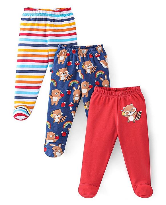 Babyhug Cotton Footed Bootie Leggings Striped & Bear Print Pack of 3 - Blue & Red