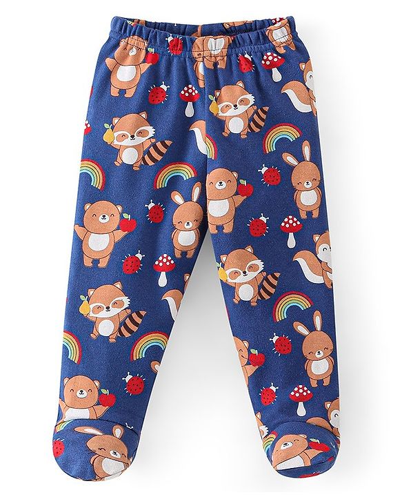 Babyhug Cotton Footed Bootie Leggings Striped & Bear Print Pack of 3 - Blue & Red