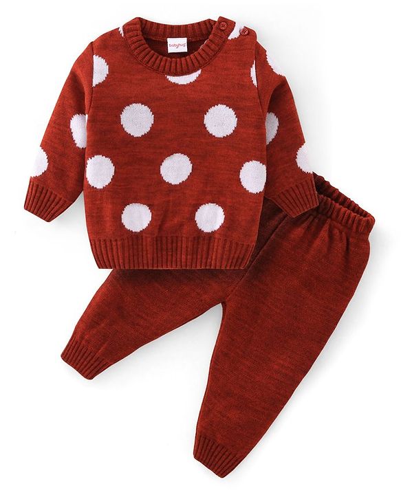 Babyhug Knitted Full Sleeves Sweater  Set With Dots Design - Maroon