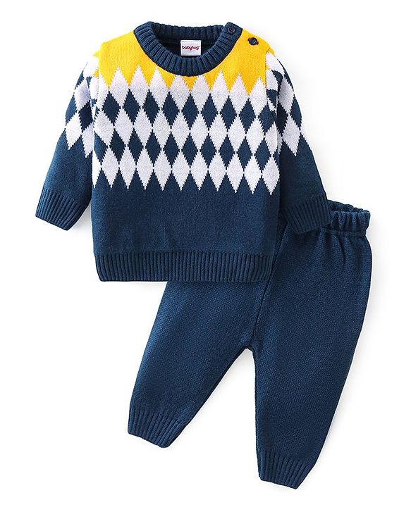Babyhug Knitted Full Sleeves Sweater Set With Kite Design - Navy Blue & Yellow
