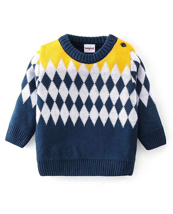 Babyhug Knitted Full Sleeves Sweater Set With Kite Design - Navy Blue & Yellow