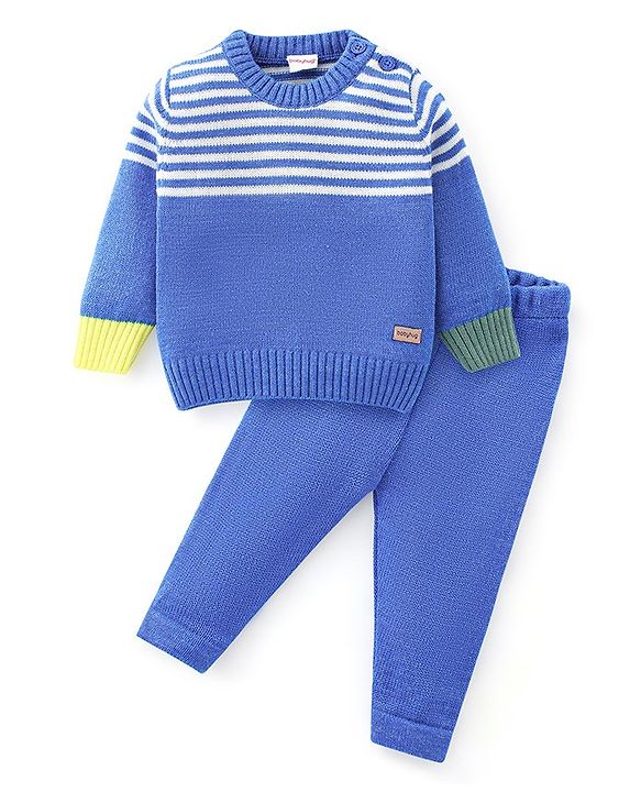 Babyhug Knitted Full Sleeves Striped Design Sweater Set - Blue