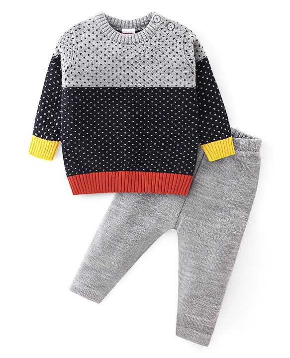 Babyhug Knitted Full Sleeves Sweater Set With Geometric  Design - Navy Blue & Grey