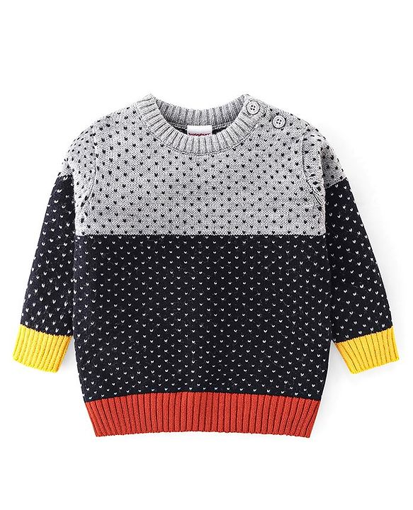 Babyhug Knitted Full Sleeves Sweater Set With Geometric  Design - Navy Blue & Grey