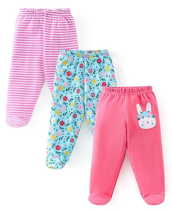 Babyhug Cotton Knit Footed Bootie Leggings Striped Pack of 3 - Blue & Pink