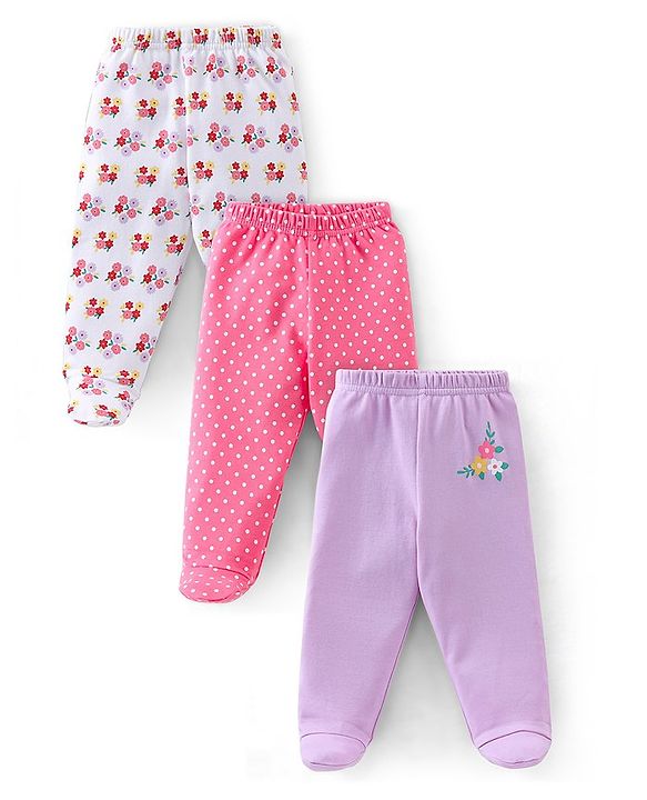 Babyhug Cotton Knit Footed Bootie Leggings Floral Printed Pack of 3 - Pink & Purple