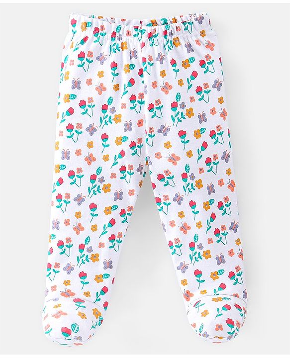 Babyhug Cotton Footed Bootie Leggings Striped & Floral Print Pack of 3 - White Purple & Pink