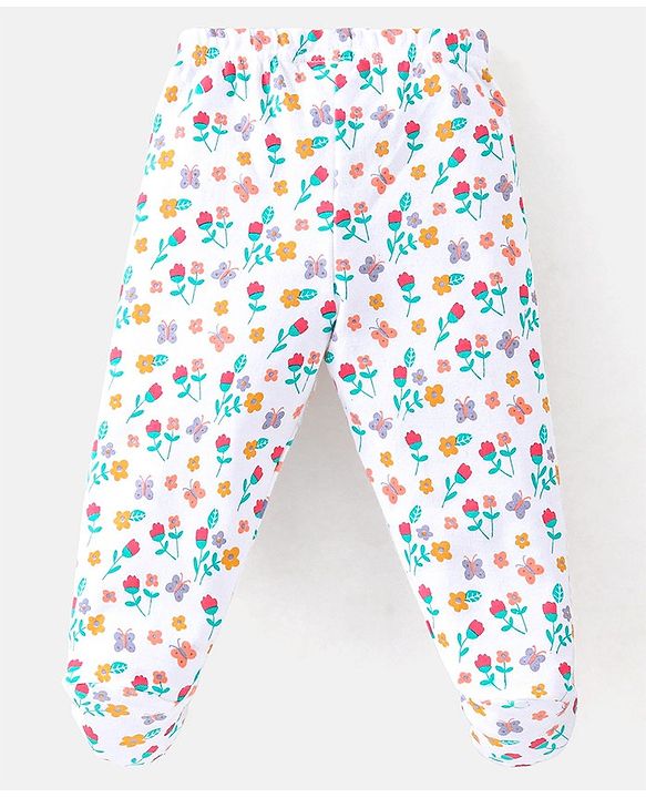 Babyhug Cotton Footed Bootie Leggings Striped & Floral Print Pack of 3 - White Purple & Pink