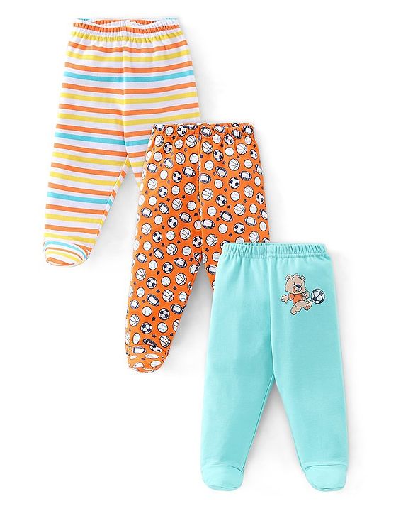 Babyhug Cotton Knit Footed Bootie Leggings Bear Printed Pack of 3  - Blue & Yellow