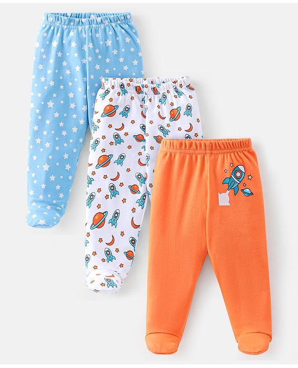 Babyhug Cotton Knit Footed Bootie Leggings Space Printed Pack of 3  - Blue & Orange
